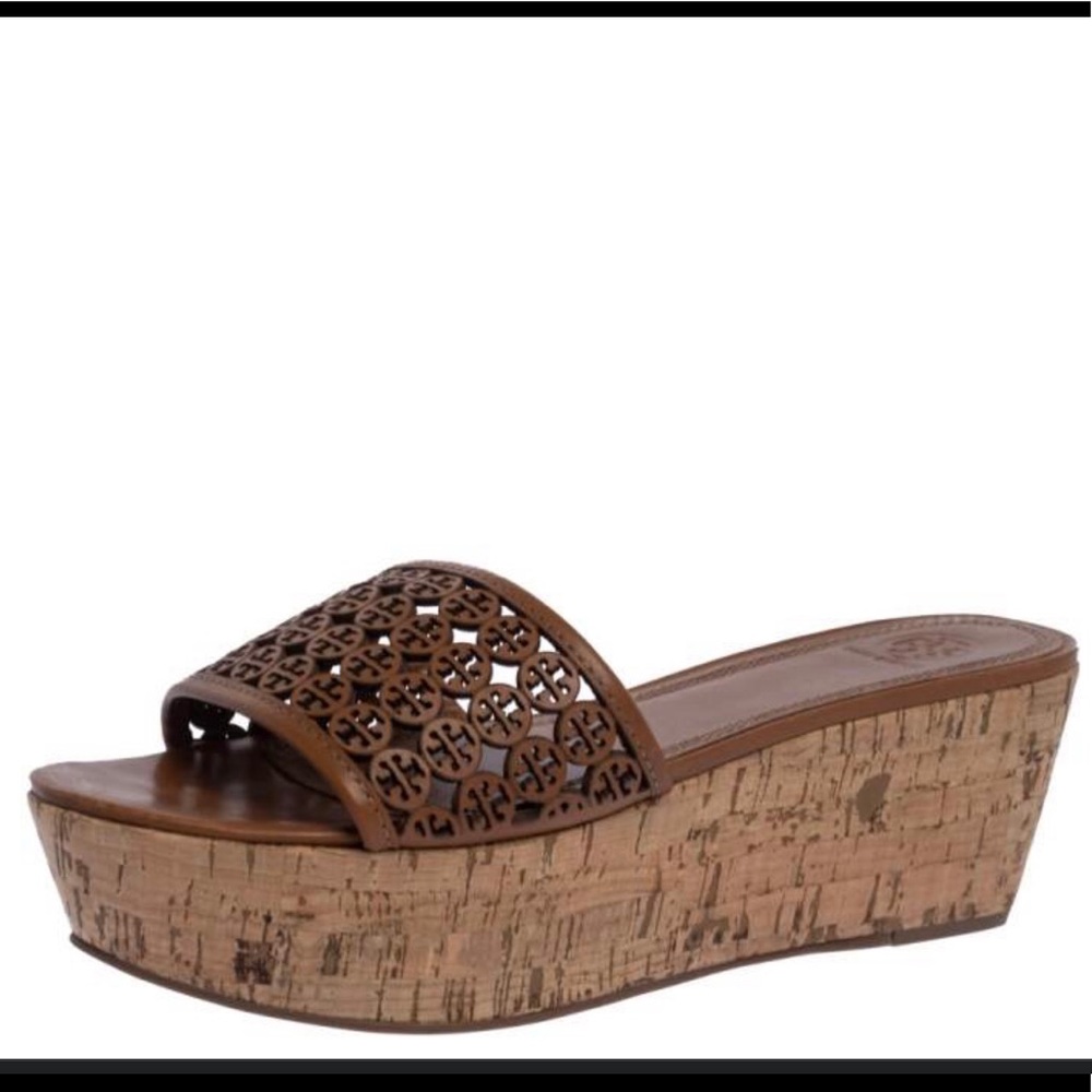 Tory Burch Leather Cut Out Logo Platform Wedge Slide Sandals